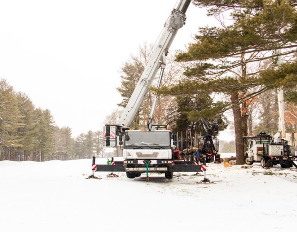 A professional tree removal crane positioned for winter tree work in a snow-covered residential area.