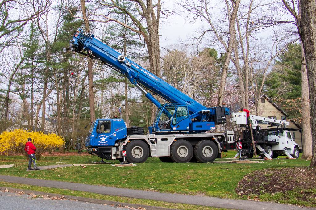 The blue American Climbers tree removal crane sits parked among a stand of trees with its boom extended and its four outriggers set laterally to support the weight of the removal with a white bucket truck parked behind, also with its outriggers deployed.