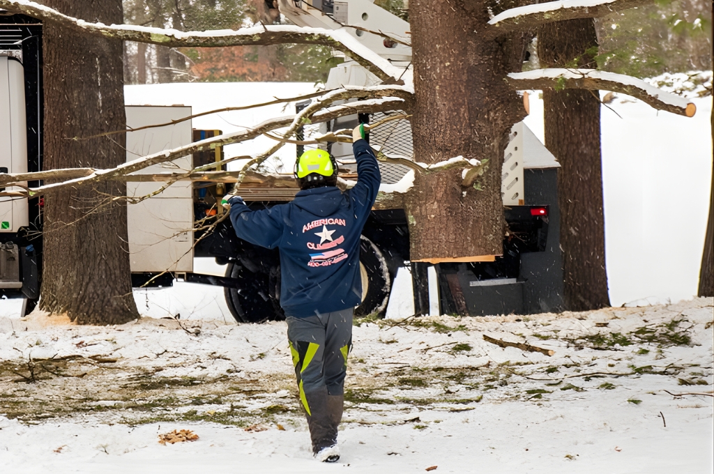 An american climbers crew member operating a log crane while working in snowy winter conditions.