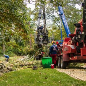 Tree removal crew operating a crane and wood chipping equipment to remove and process a large felled tree from a residential property
