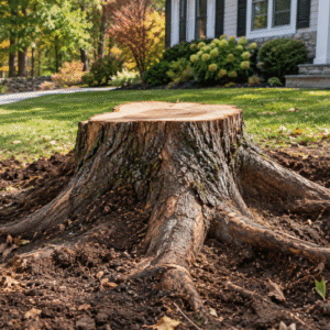 Freshly cut tree stump with exposed root flare in a residential yard after tree removal in Hopkinton, MA.