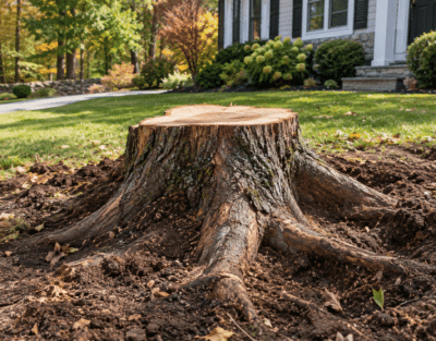 Freshly cut tree stump with exposed root flare in a residential yard after tree removal in hopkinton, ma.